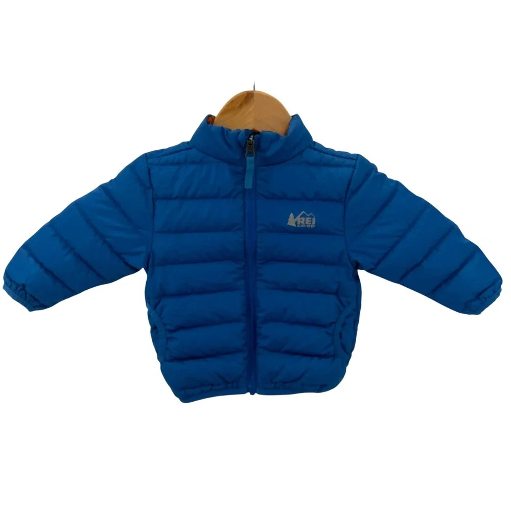 REI Co-op 650 Down Reversible Puffer Jacket Blue Whimsical Print Infant 18M